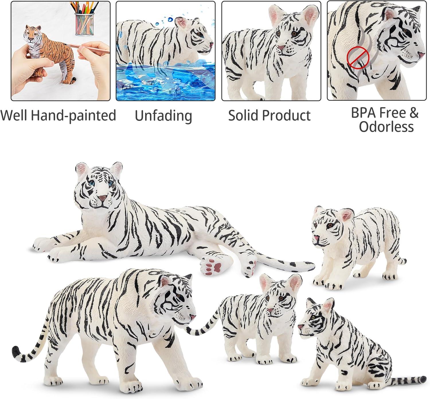 Toymany 6PCS Realistic White Tigers Figurines with Tiger Cubs, 2-6" Jungle Animals Figures Family Set Includes Baby Tigers, Educational Toy Cake Toppers Christmas Birthday Gift for Kids Toddlers