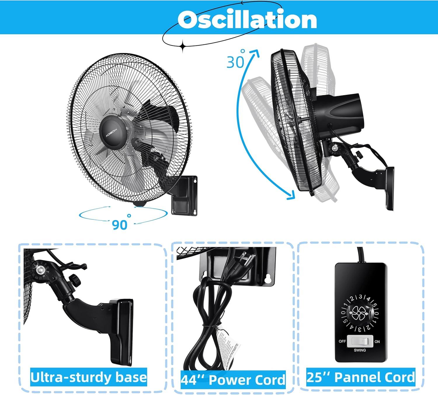 18-inch Black Metal Wall Mounted Fan with 5-Speed Settings