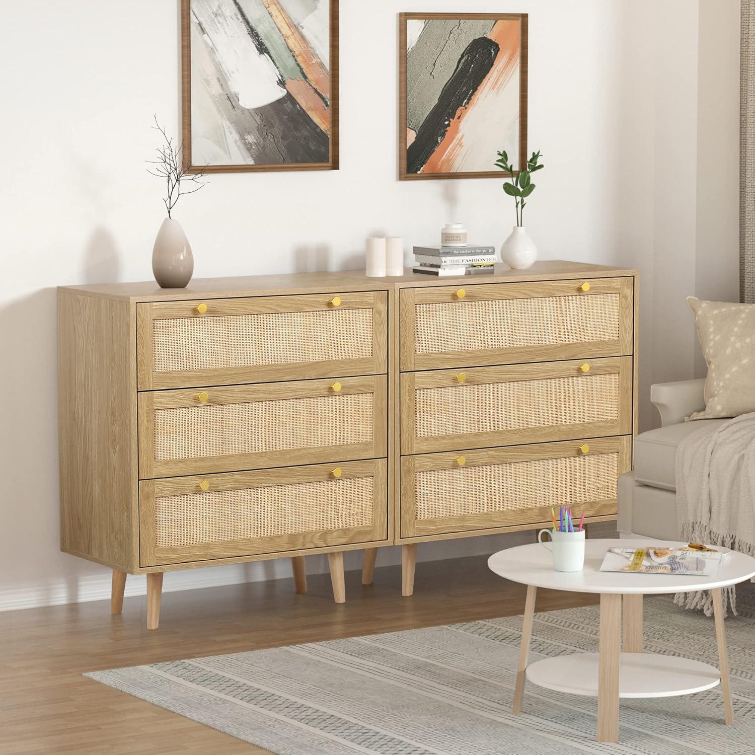 Bohemian Oak and Rattan 3-Drawer Dresser with Gold Handles