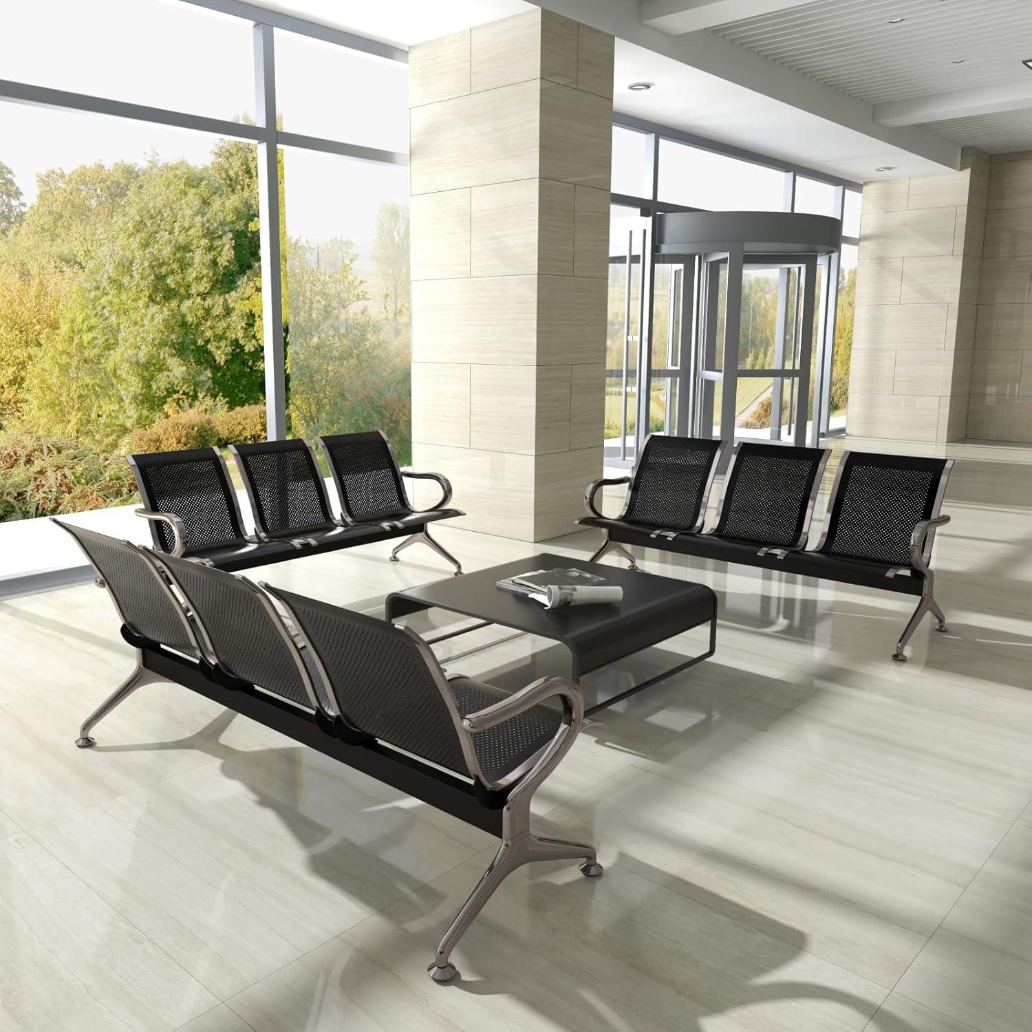 Kinbor Waiting Room Chairs, 3-Seat Reception Chairs Office Guest Waiting Furniture Bench Seating for Airport Bank Hospital, Black