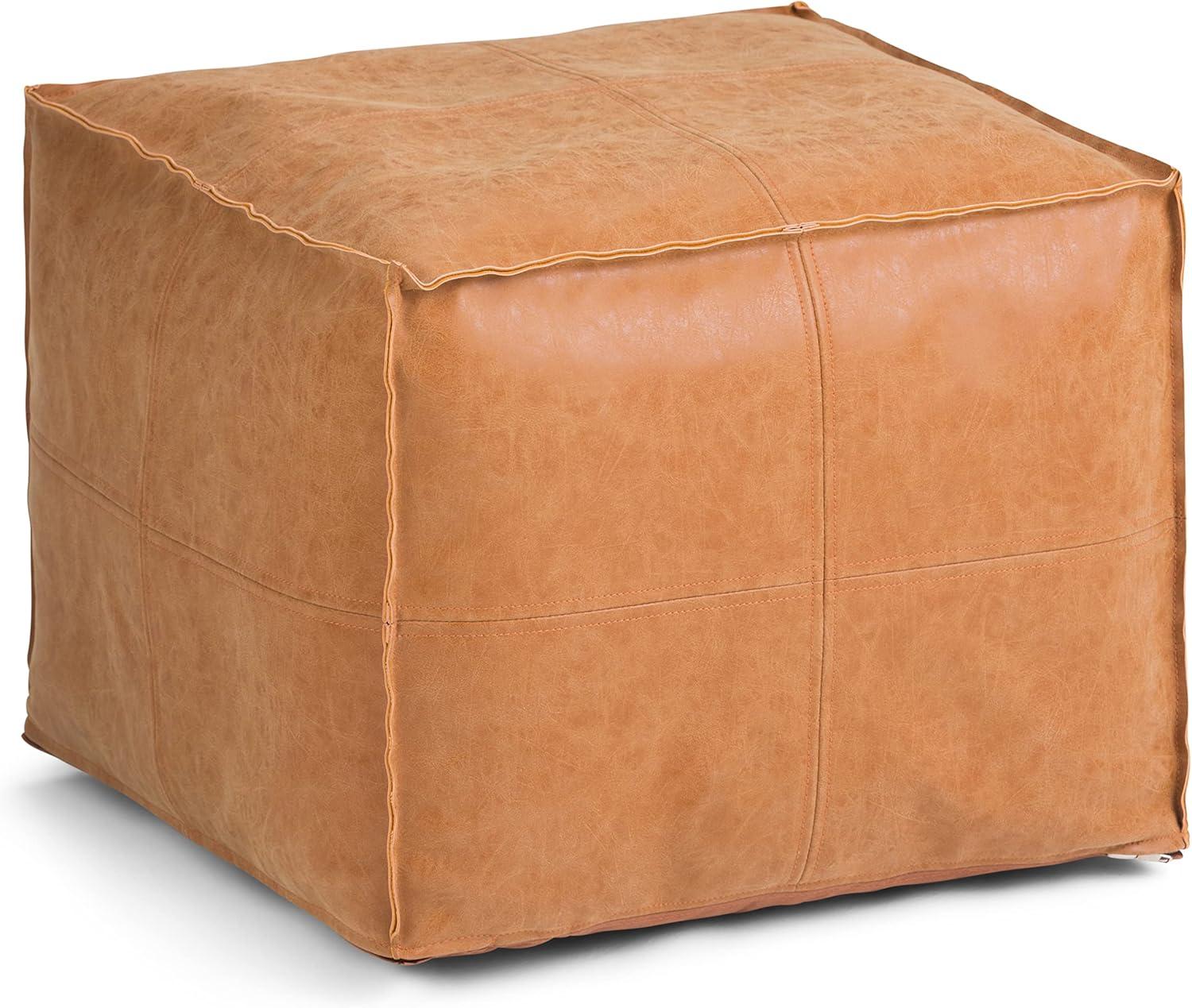 Brody Distressed Brown Faux Leather Square Pouf