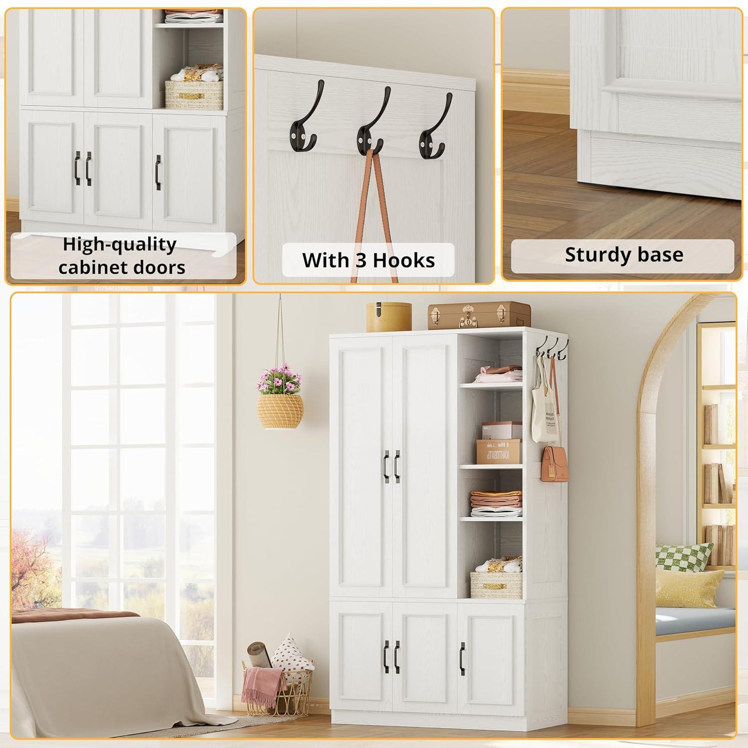 LIKIMIO Armoire Wardrobe Closet 70" H, 5 Doors Bedroom Wooden Wardrobe with 4 Storage Shelves and Hanging Rod, Clothing Storage Cabinet Organizer Combination, White