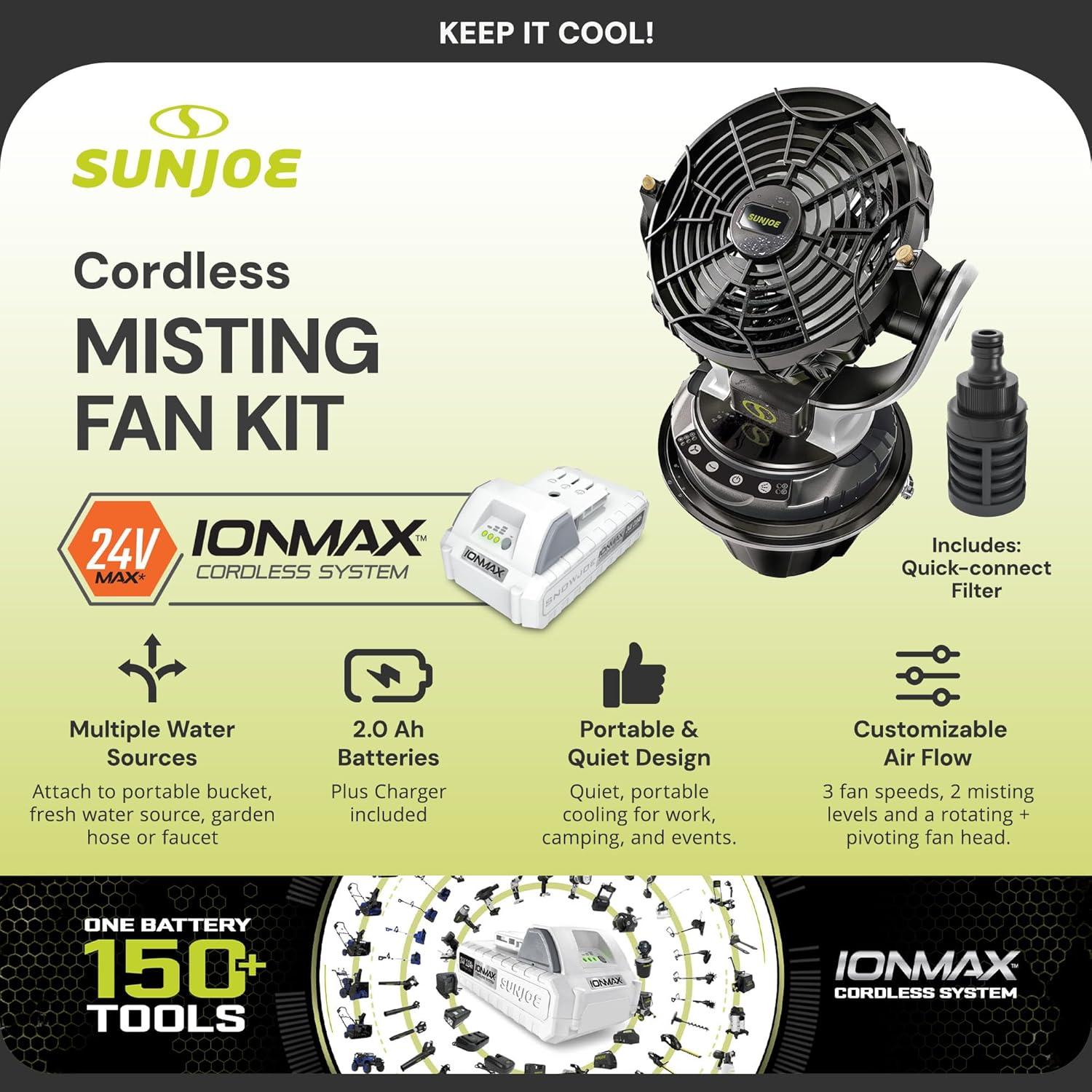 Sun Joe 24 Volt IONMAX Cordless Misting Fan Kit, Indoor or Outdoor, with 6 Gallon Portable Bucket, 60 Square Foot Coverage, 2.0-AH Battery and