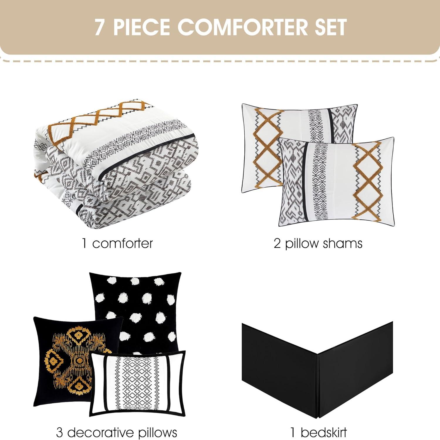 Lanco Luxury Black Gold Comforter Set California King Size , 7 Piece Terry embroidery, All Season Bedding Set