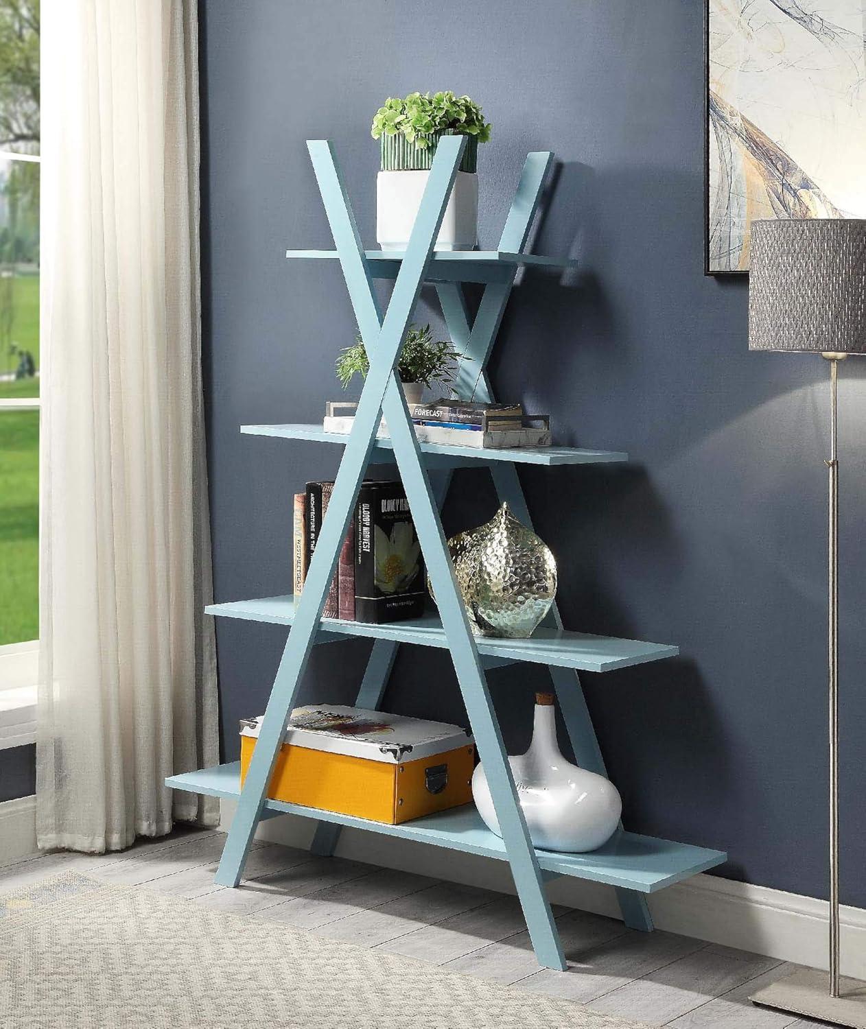 Contemporary White Wood Ladder Bookcase with 4 Open Tiers