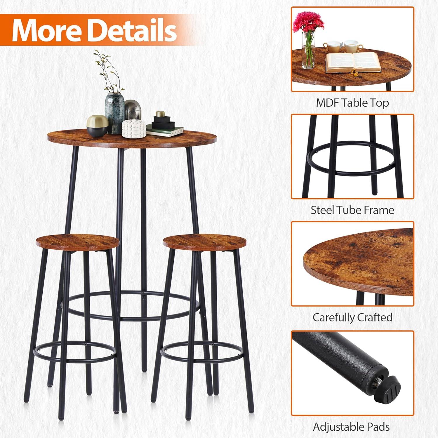 ZENSTYLE 3 Piece Pub Dining Table Set Wooden Round Breakfast Tables w/2 Bar Chairs Stools Brown