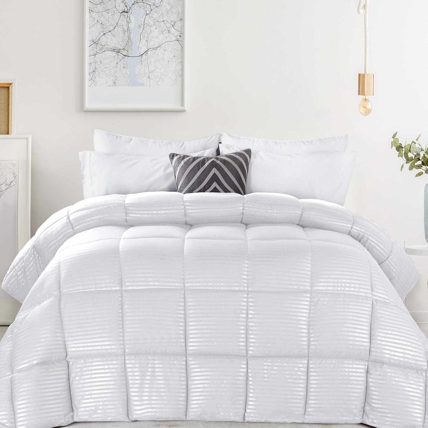 Striped Reversible Box-Quilt Brushed Microfiber Medium Weight Down Alternative Comforter