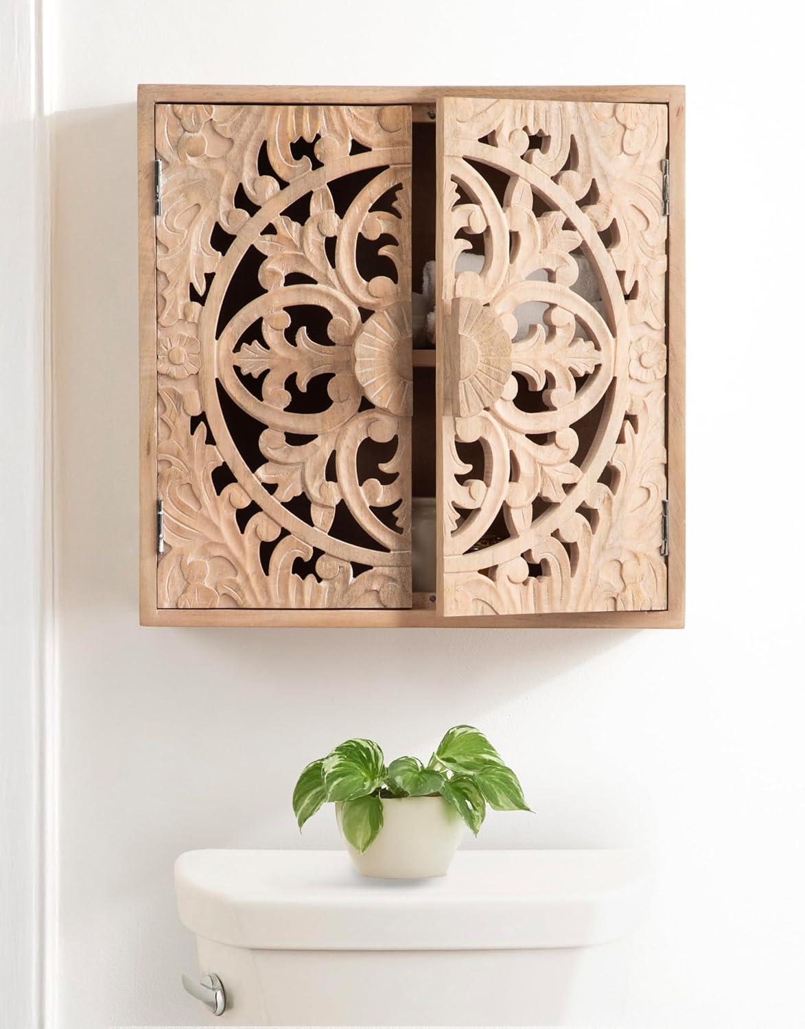 Kate and Laurel Saanvi Traditional Carved Wood Wall Cabinet, 20 x 6 x 20, Light Natural, Dimensional Over the Toilet Storage Cabinet for Bathroom Storage and Display