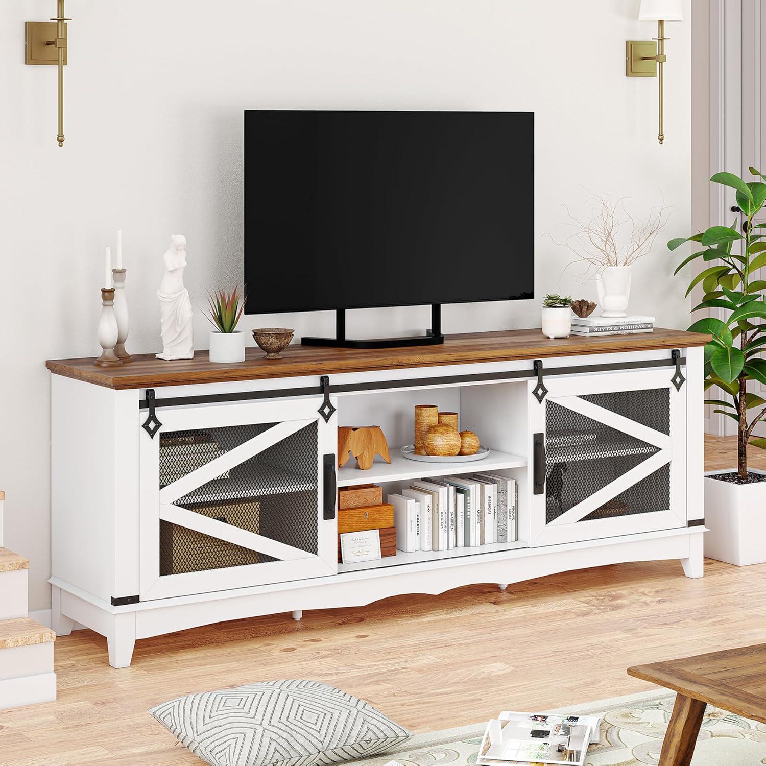 Farmhouse TV Stand with Sliding Barn Doors, TV Cabinet with Storage Shelf, Entertainment Center for 65" TV
