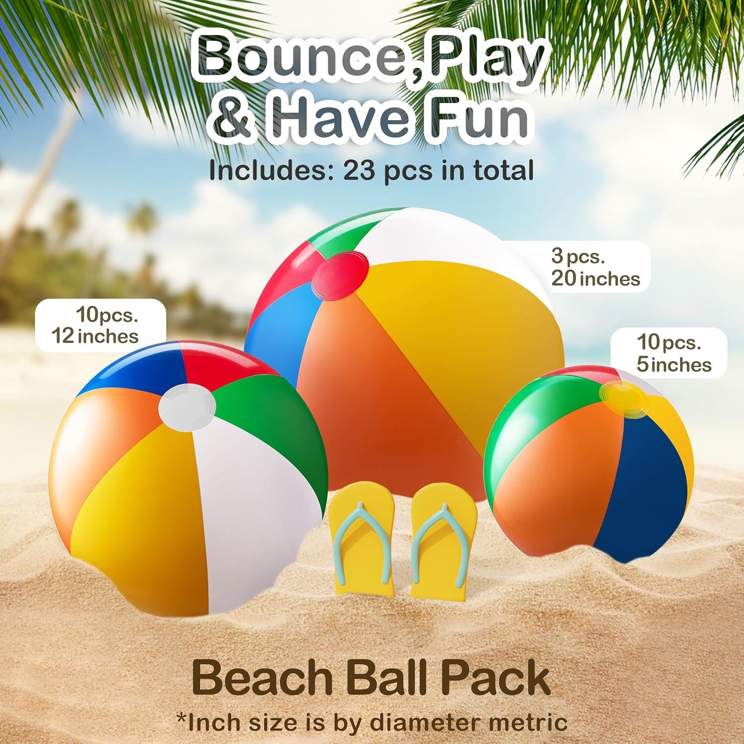 23 Pcs Rainbow Beach Balls Bulk Variety Pack - (10) 5-inch, (10) 12-inch, (3) 20-inch Sizes Large Beach Ball - Inflatable Vinyl Pool Toys for Kids, Themed Party & Pool Party Decorations