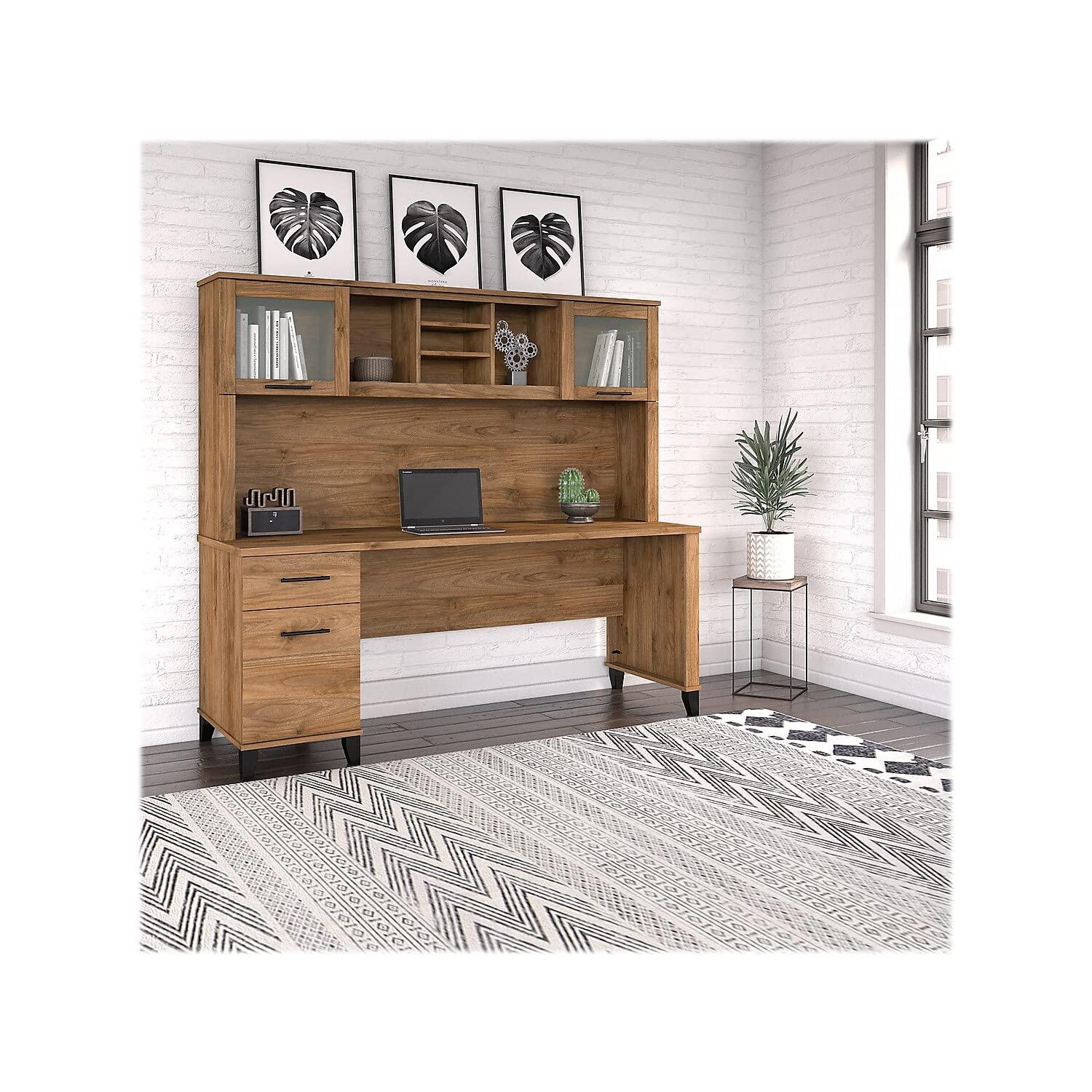 Bush Furniture Somerset 72 in Desk with Hutch with File Drawer, Open and Closed Storage in Fresh Walnut