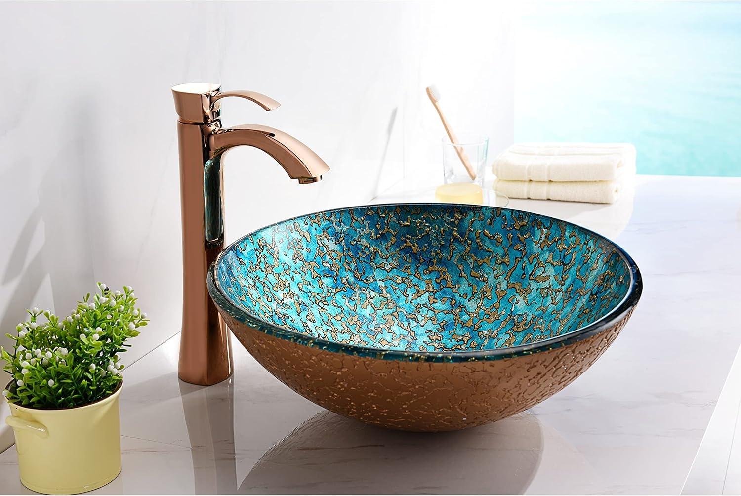 ANZZI Chrona Modern Tempered Glass Vessel Bowl Sink in Gold/Cyan Mix, Gold Top Mount Bathroom Sinks Above Counter, Round Vanity Countertop Sink Bowl with Pop Up Drain, LS-AZ209