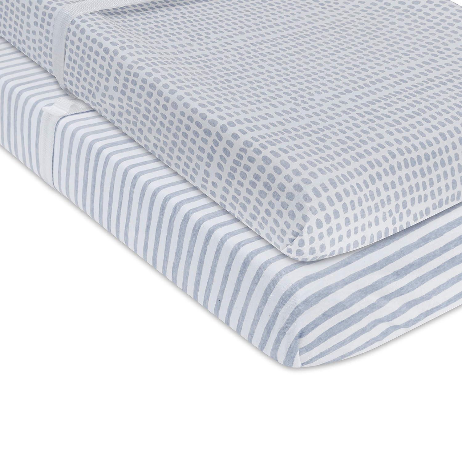 Ely's & Co. Baby Waterproof Changing Pad Cover - Cradle Sheet  100% Combed Jersey Cotton Misty Blue Splash & Stripes 2 Pack