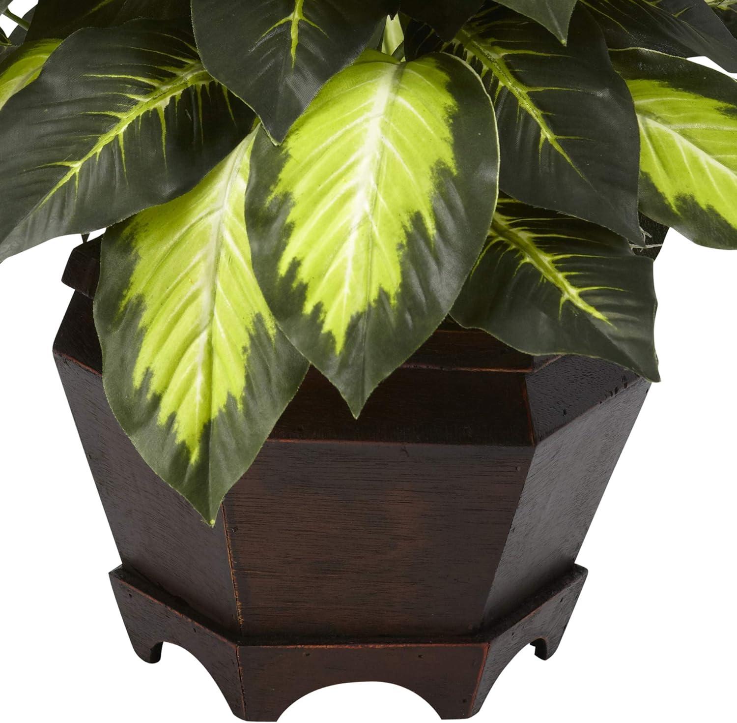 22" Artificial Triple Golden Dieffenbachia with Wood Vase - Nearly Natural