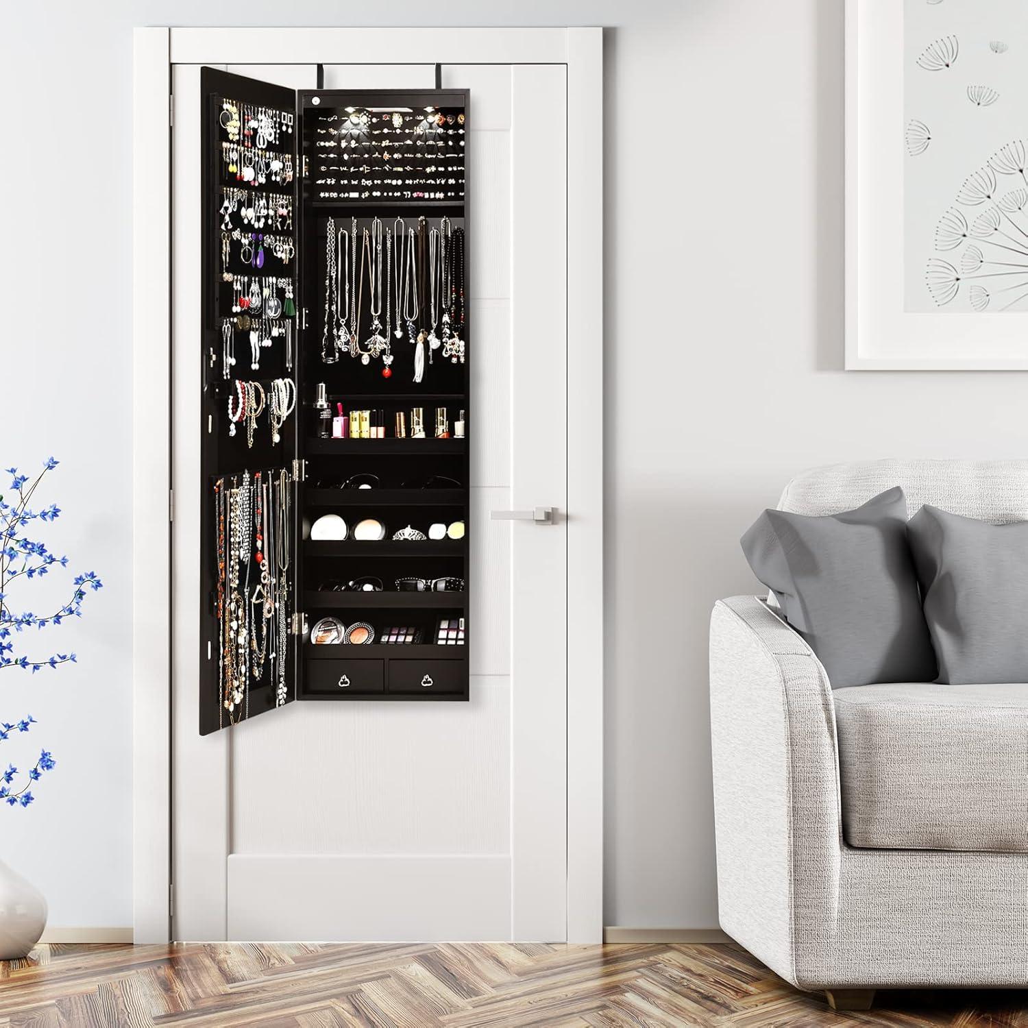 Rustic White Wall-Mounted Jewelry Cabinet with Mirror and LED Lights