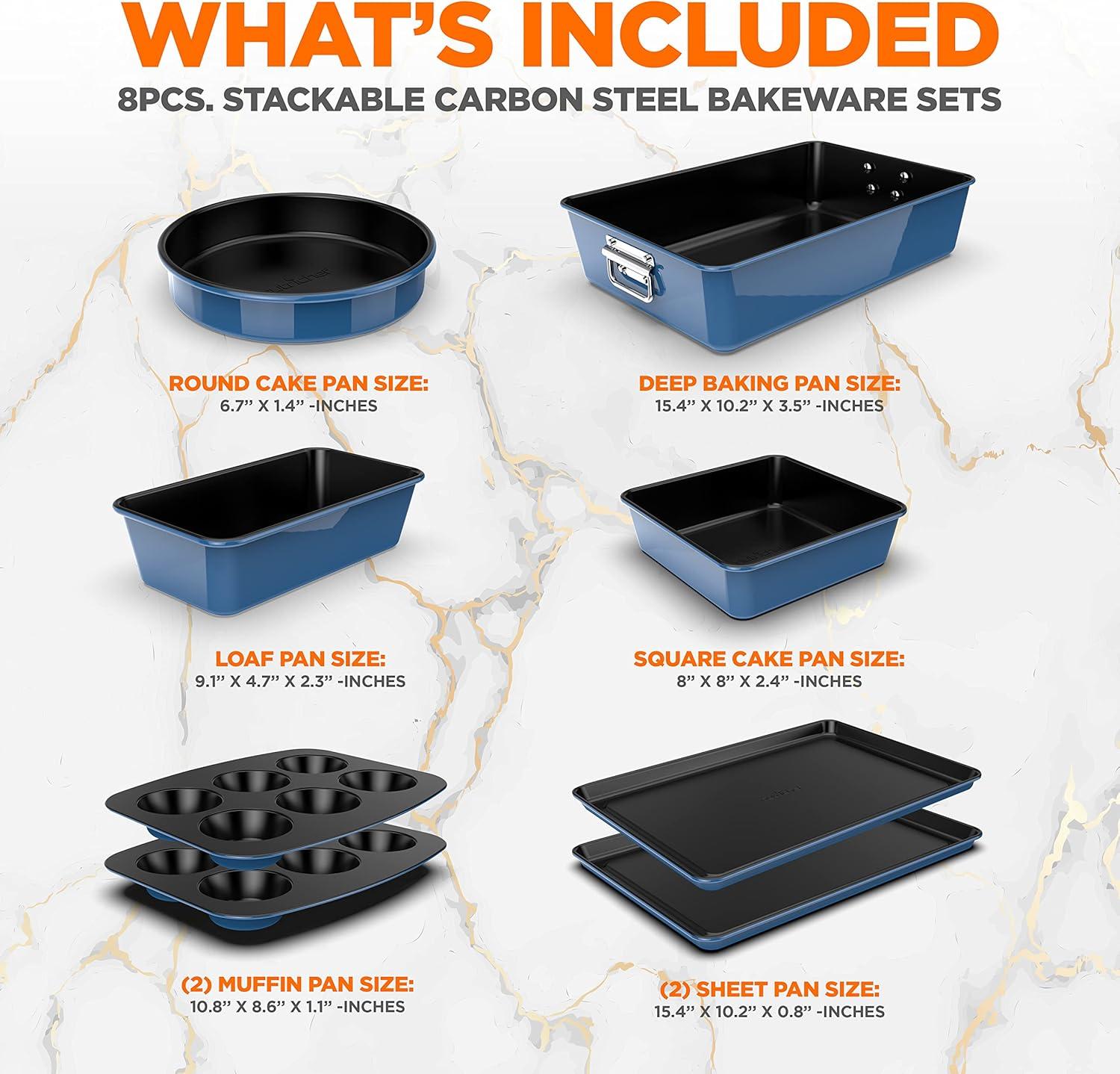 NutriChef 8-Piece Nonstick Stackable Bakeware Set - Pfoa, Pfos, Ptfe Free Baking Tray Set W/ Non-Stick Coating, 450°F Oven Safe, Round Cake, Loaf, Muffin, Wide/Square Pans, Cookie Sheet