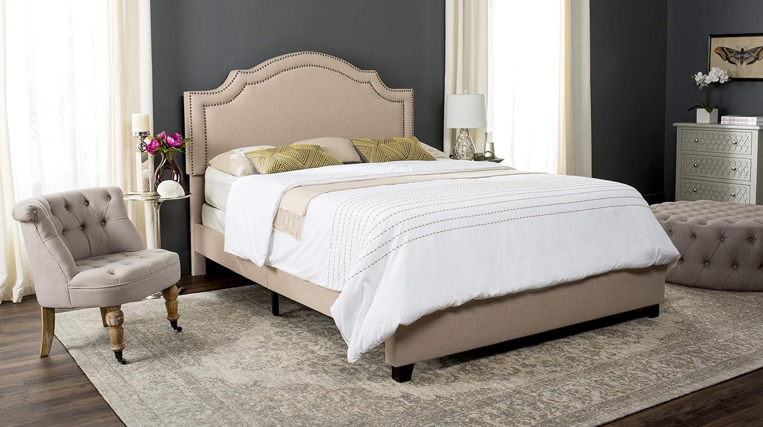SAFAVIEH Theron Modern Elegant Upholstered Bed Frame with Nail Heads, Full, Light Beige/Brass Nails