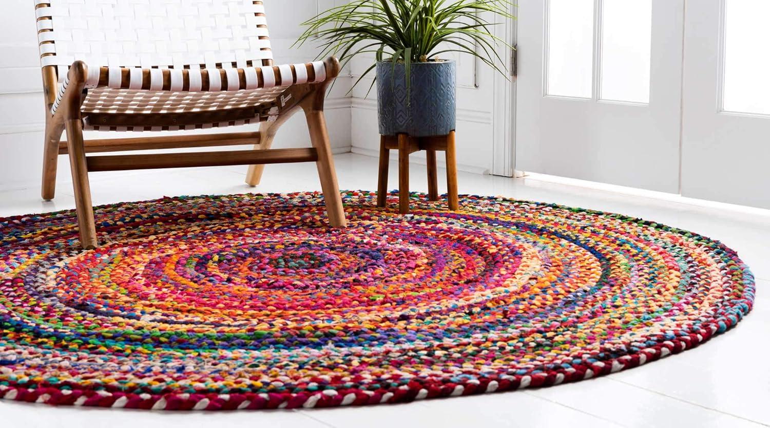 Unique Loom Braided Chindi Collection Area Rug - Layer (3' 3" Round Multi/Blue)