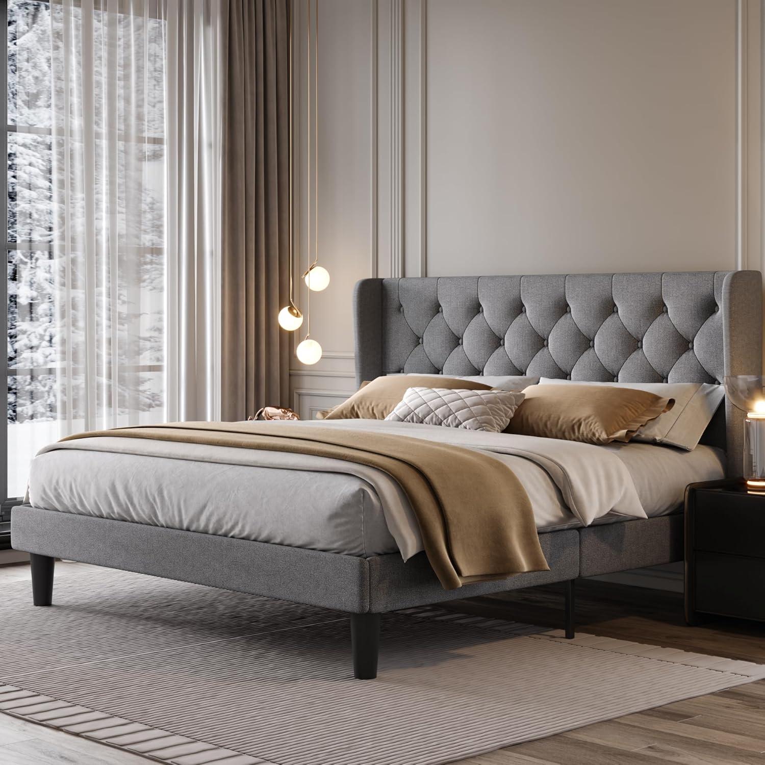 Allewie King Size Upholstered Platform Bed Frame with Fabric Wingback Button Tufted Headboard, Light Grey