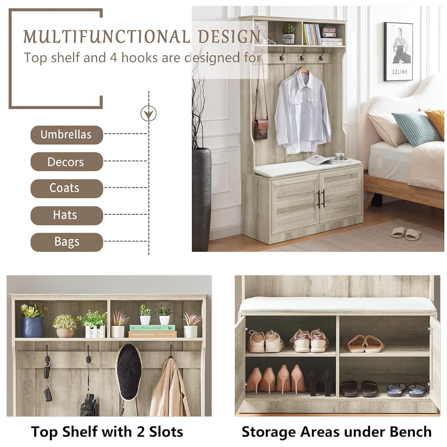 Betoko Hall Trees with Bench and Coat Racks, Farmhouse 71 Inch Entryway Bench with Sliding Barn Door, Wood Coat Tree Mudroom Storage Benches with Drawers (Walnut)