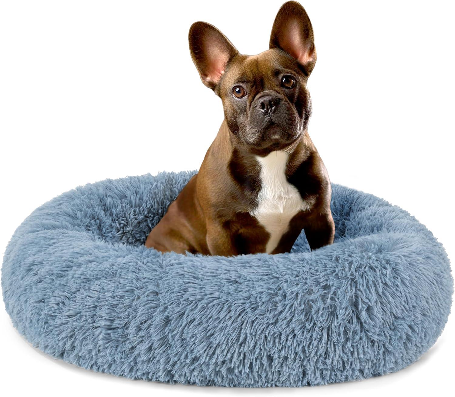 PetAmi Calming Dog Bed for Puppy Cat Kitten, Round Washable Pet Bed, Anti Anxiety Cuddler, Fluffy Plush Circular Donut Bed (Dusty Blue, Small - 23")