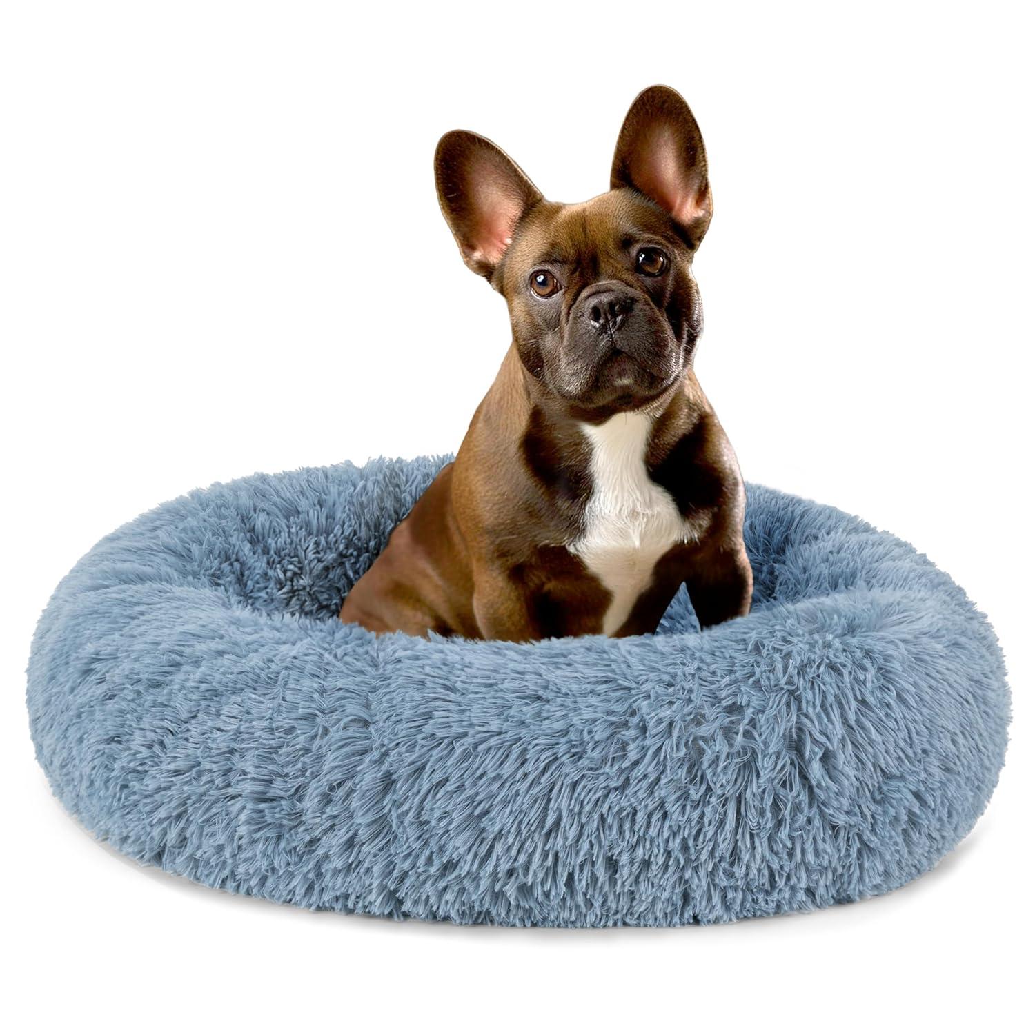 PetAmi Calming Dog Bed for Puppy Cat Kitten, Round Washable Pet Bed, Anti Anxiety Cuddler, Fluffy Plush Circular Donut Bed (Dusty Blue, Small - 23")