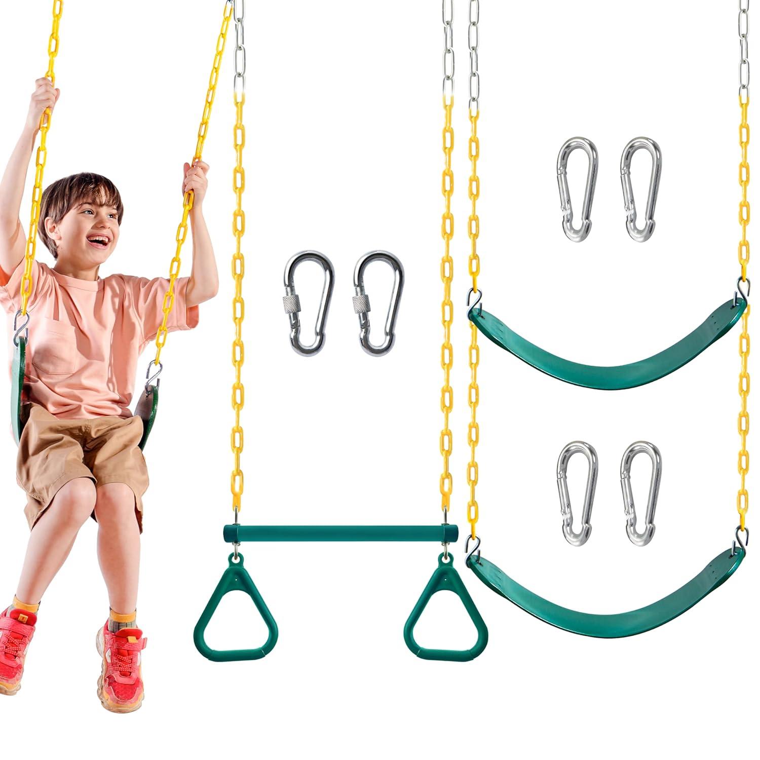 TURFEE 3 Pack Assorted Swing Set, Including 1 Gym Rings Trapeze Bar and 2 Pcs Swings with Plastic Coated Chain, Swingset Accessories Replacement for Kids Outdoor Play, Playground- Green