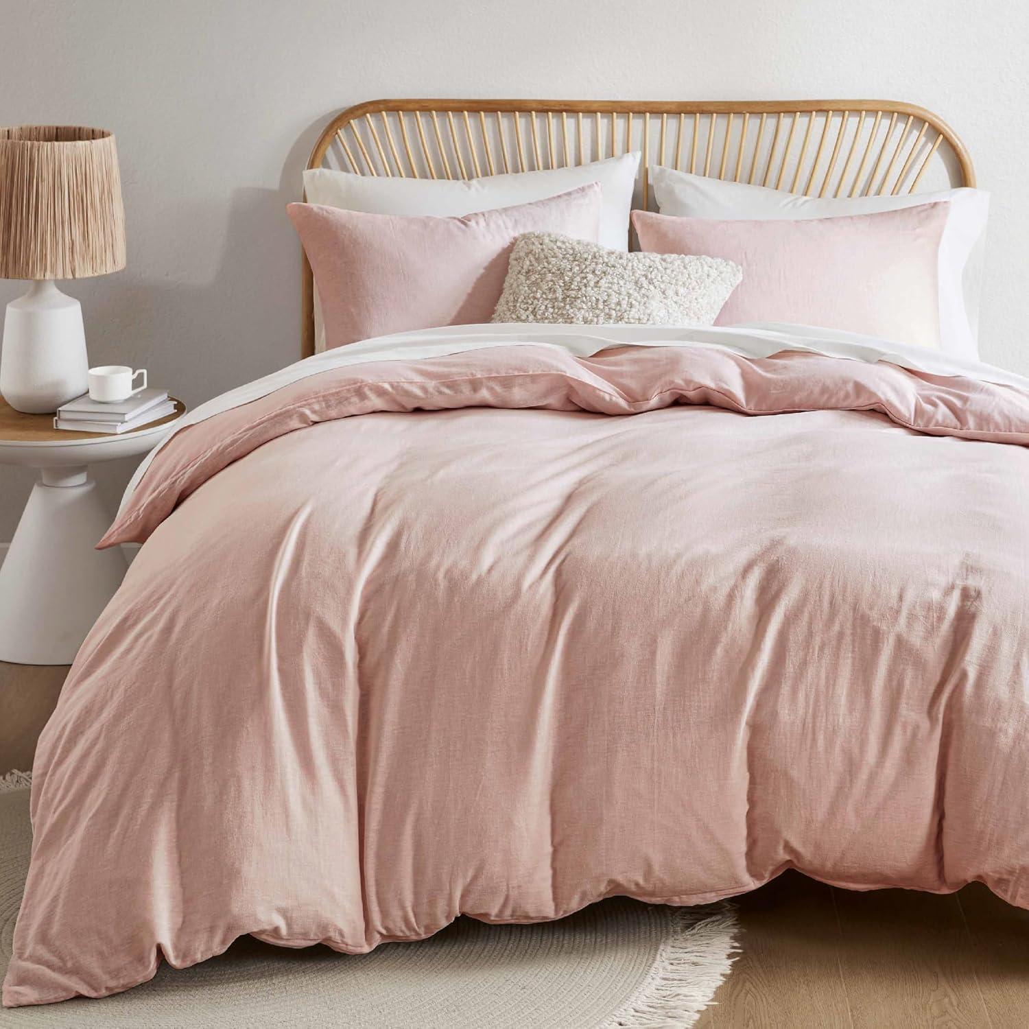 Hyde Lane Linen Duvet Cover Set King Size, 3Pcs Textured French Flax Linen Cotton Blend Bedding Set, Natural and Organic, Soft and Breathable, with 2 Pillow Shams, 104"x90", Pink