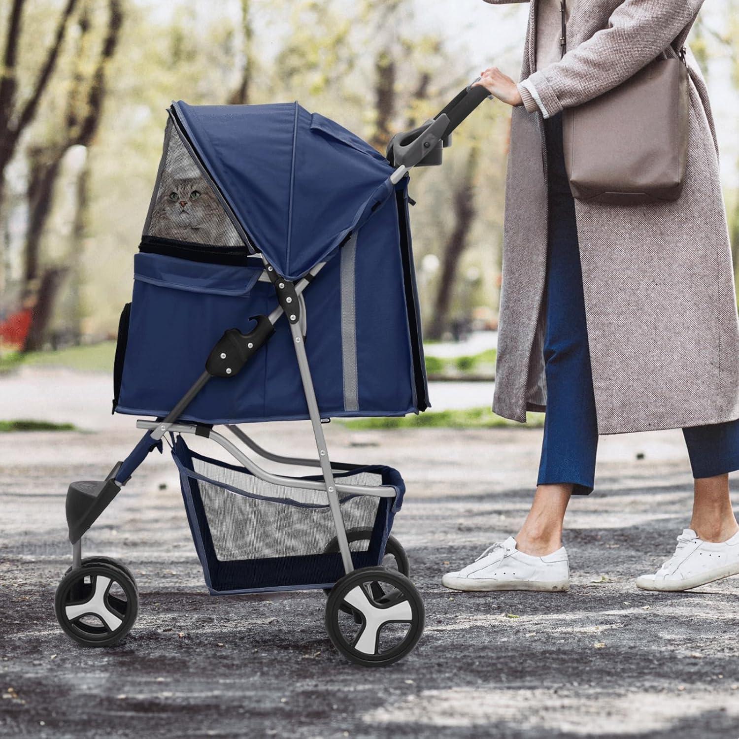 MoNiBloom Foldable Pet Dog Stroller with Wheels, Cat Dog Stroller with Storage Basket and Cup Holder for Small and Medium Cats, Dogs, Puppy, Navy Blue