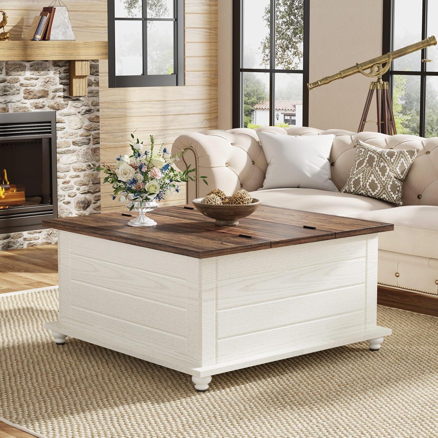 Farmhouse Coffee Table, Wood Center Table with Hidden Storage Compartment