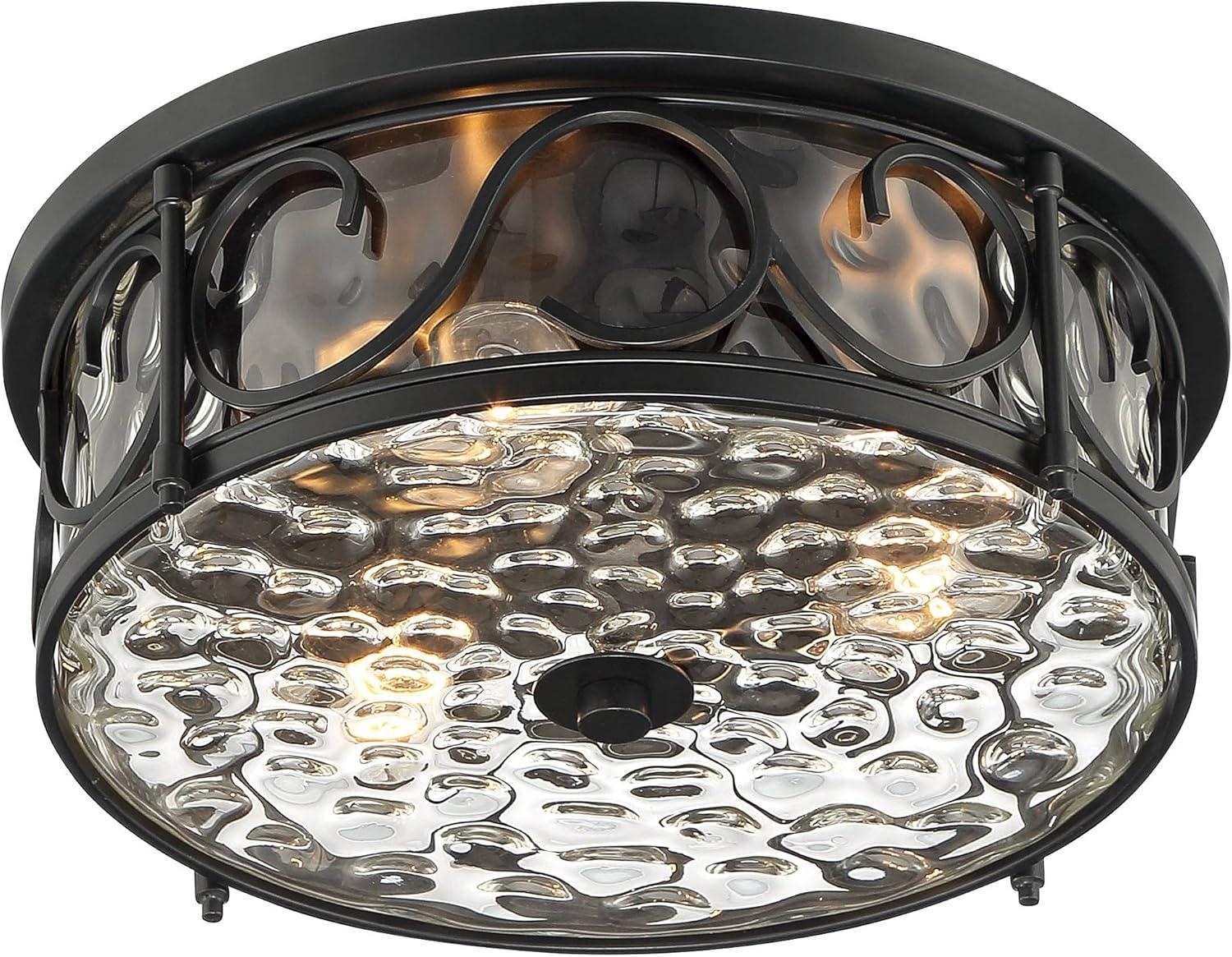 John Timberland Paseo Rustic Industrial Flush Mount Outdoor Ceiling Light Matte Black 6 1/4" Clear Hammered Glass Damp Rated for Post Exterior Barn