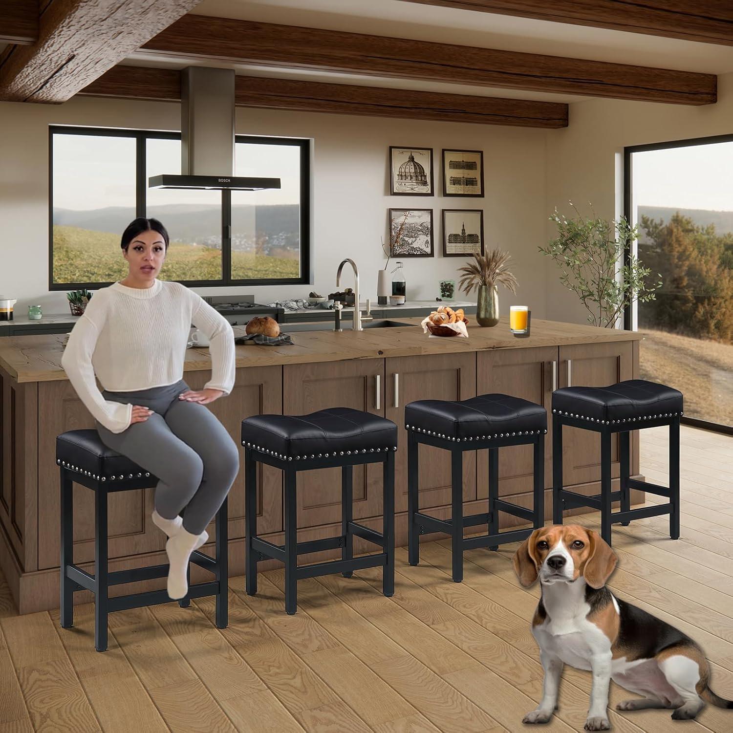 edx Bar Stools Set of 4, Modern Counter Height, 24 Inch Kitchen Barstools with Metal Base, PU Leather Saddle Seats for Kitchen Island, Black