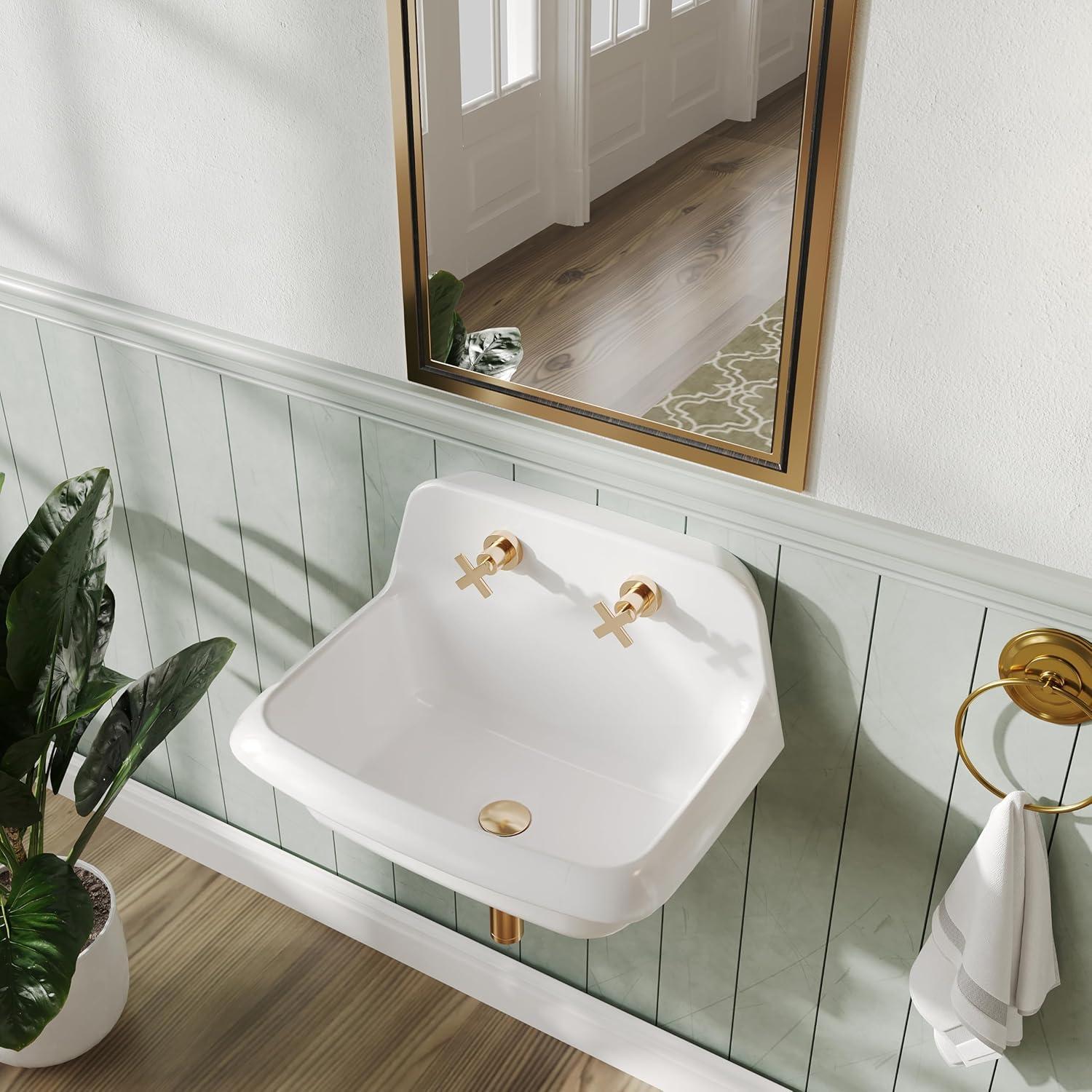 ELLAI 24-in Wall Mounted High Back Utility Sink White Ceramic Farmhouse Laundry Sink Bathroom Sink