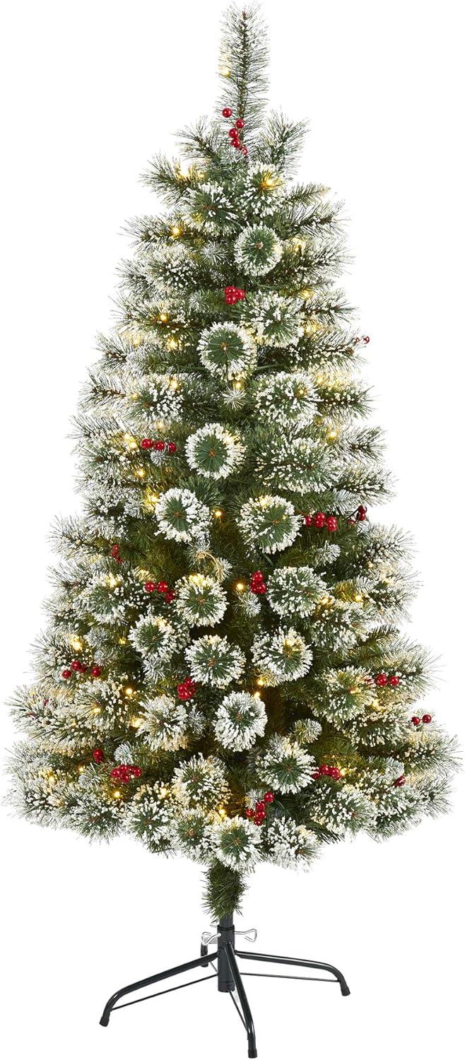 5ft Frosted Pine Artificial Christmas Tree with LED Lights and Berries