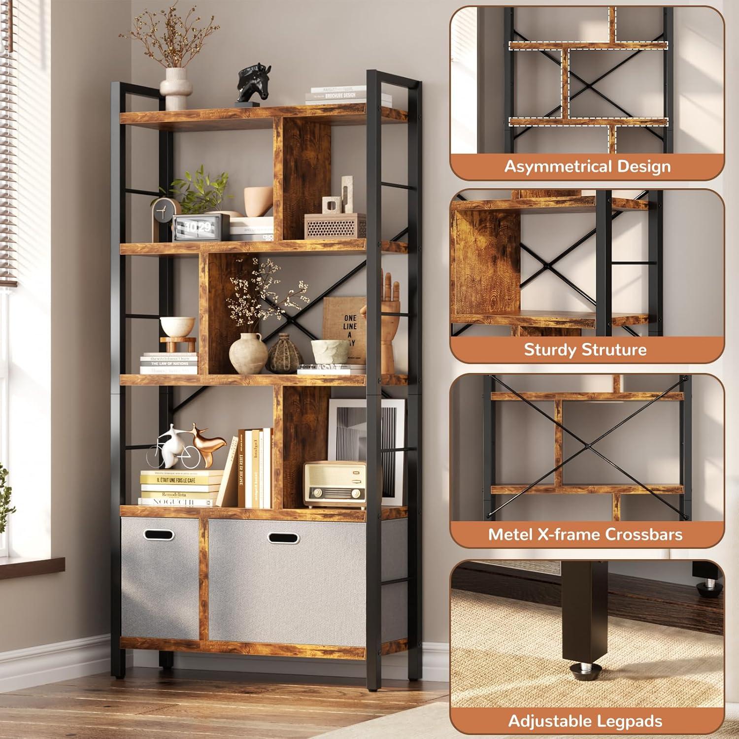 Tall Black and Wood Adjustable 5-Tier Bookshelf with Storage