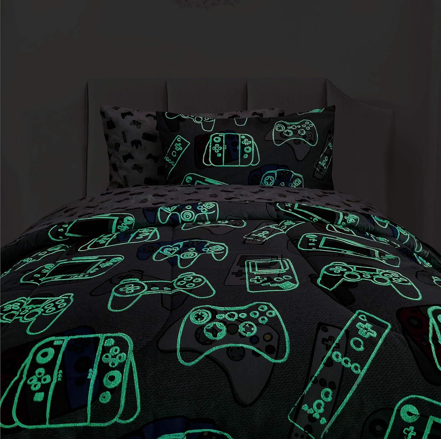 Tadpoles 3-Piece Gamer Glow in The Dark Comforter Set - Game Controllers Print - Full - Blue, Grey