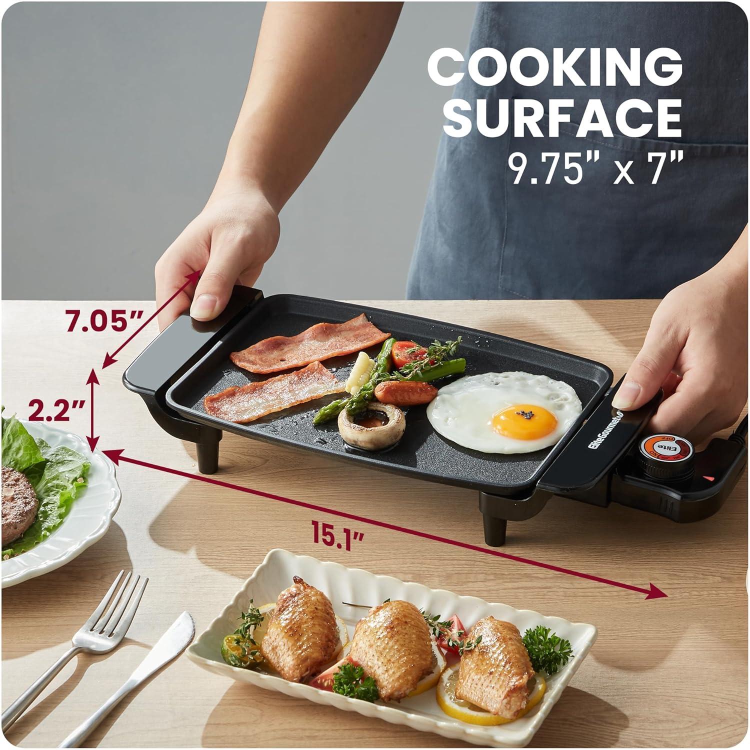 EGR8152 Electric 10" x 7" Personal Compact Griddle, Cool-touch Handles Non-Stick Surface, Removable/Adjustable Thermostat, Black
