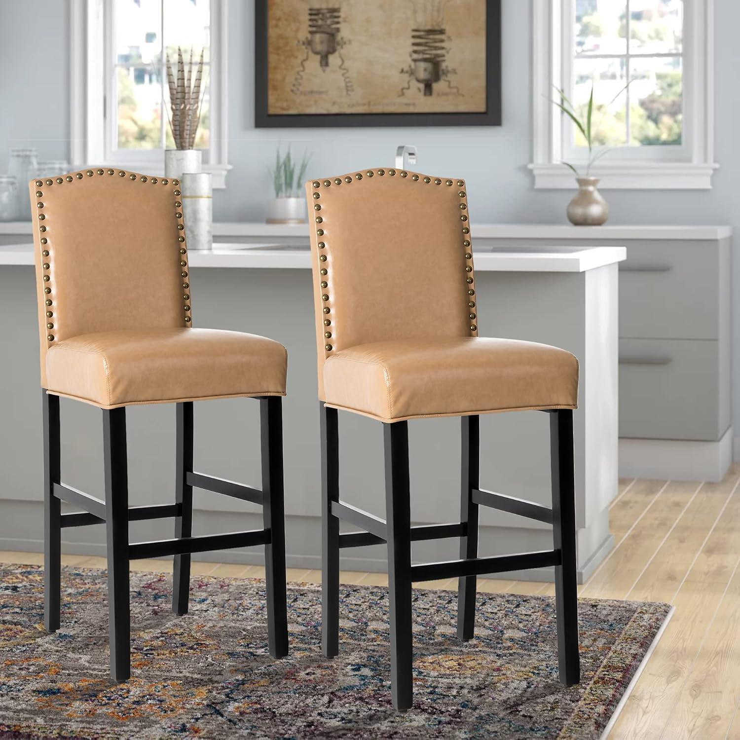 Set of 2 Upholstered PU Barstools with Studded Decor - Glitzhome