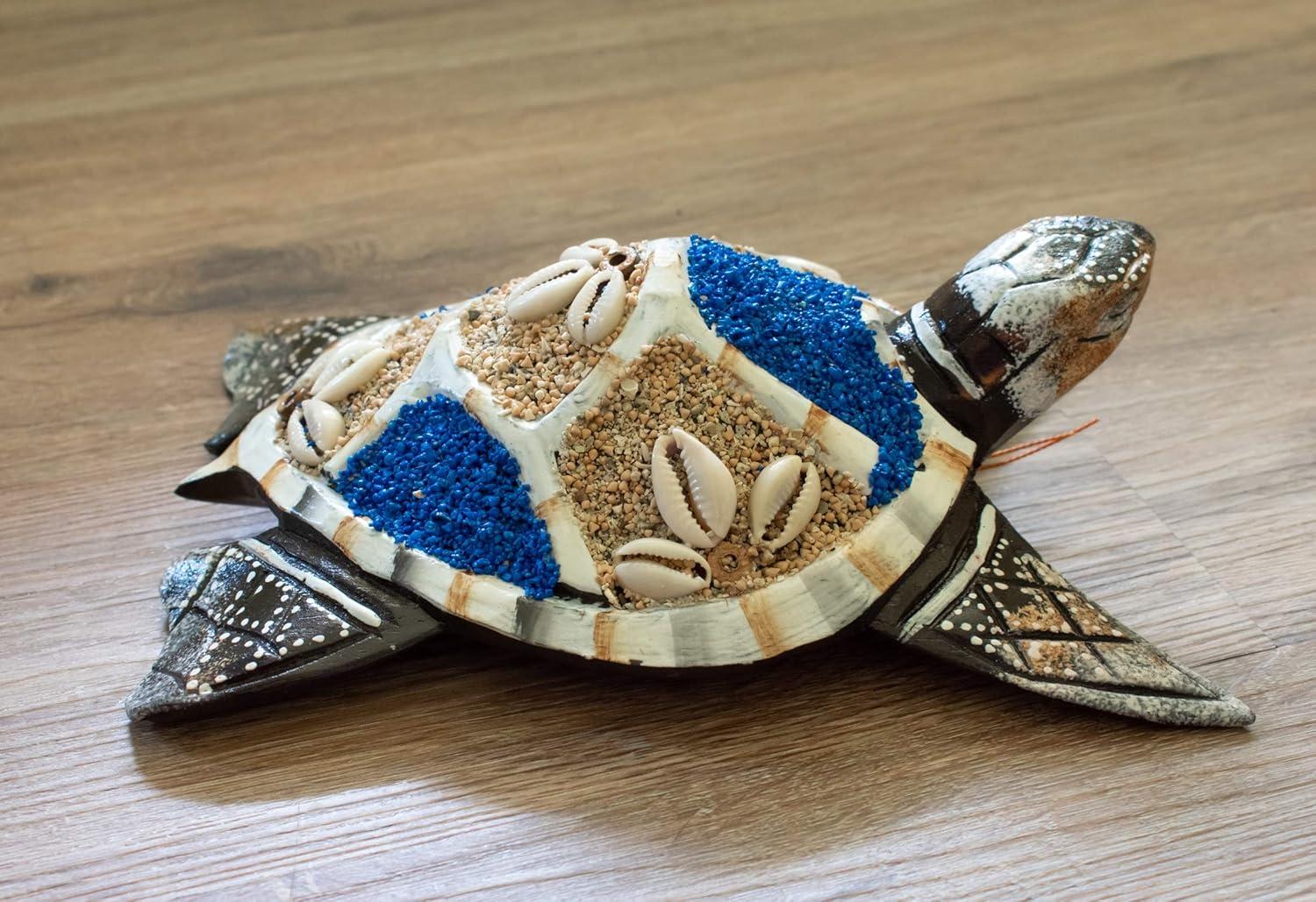 Wooden Tortoise Turtle Home Decor Sculpture Statue Wall Hanging Handmade Seaside Tropical Nautical Ocean Coastal Blue - 8" long x 5" wide x 2.5" tall