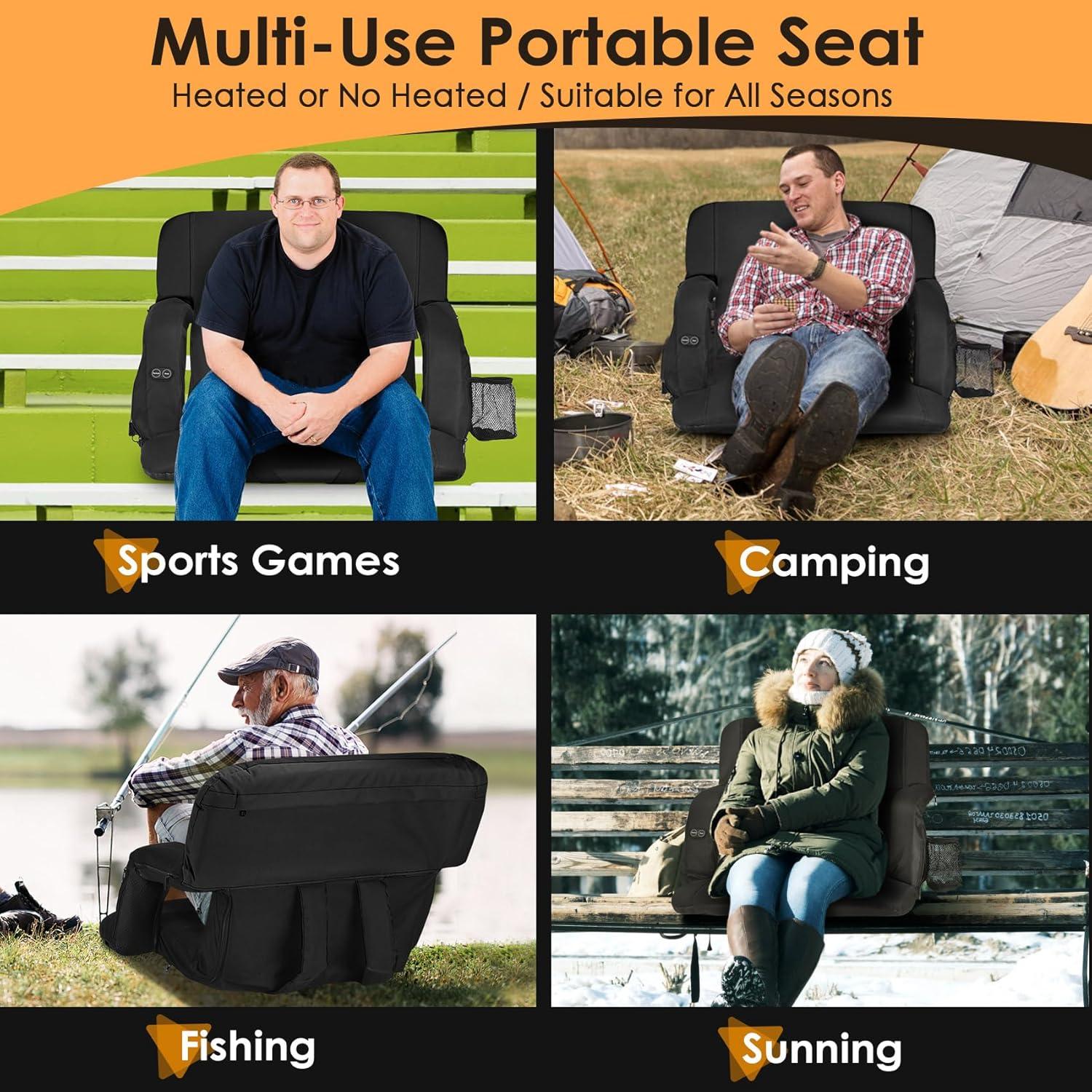 ZENPETIO 25" Oversized Dual-Sided Heated Stadium Seats for Bleachers with Back Support, 3 Levels Heating Stadium Seating for Bleachers Seat with Backrest, 5 Pockets Portable Stadium Chair for Outdoor