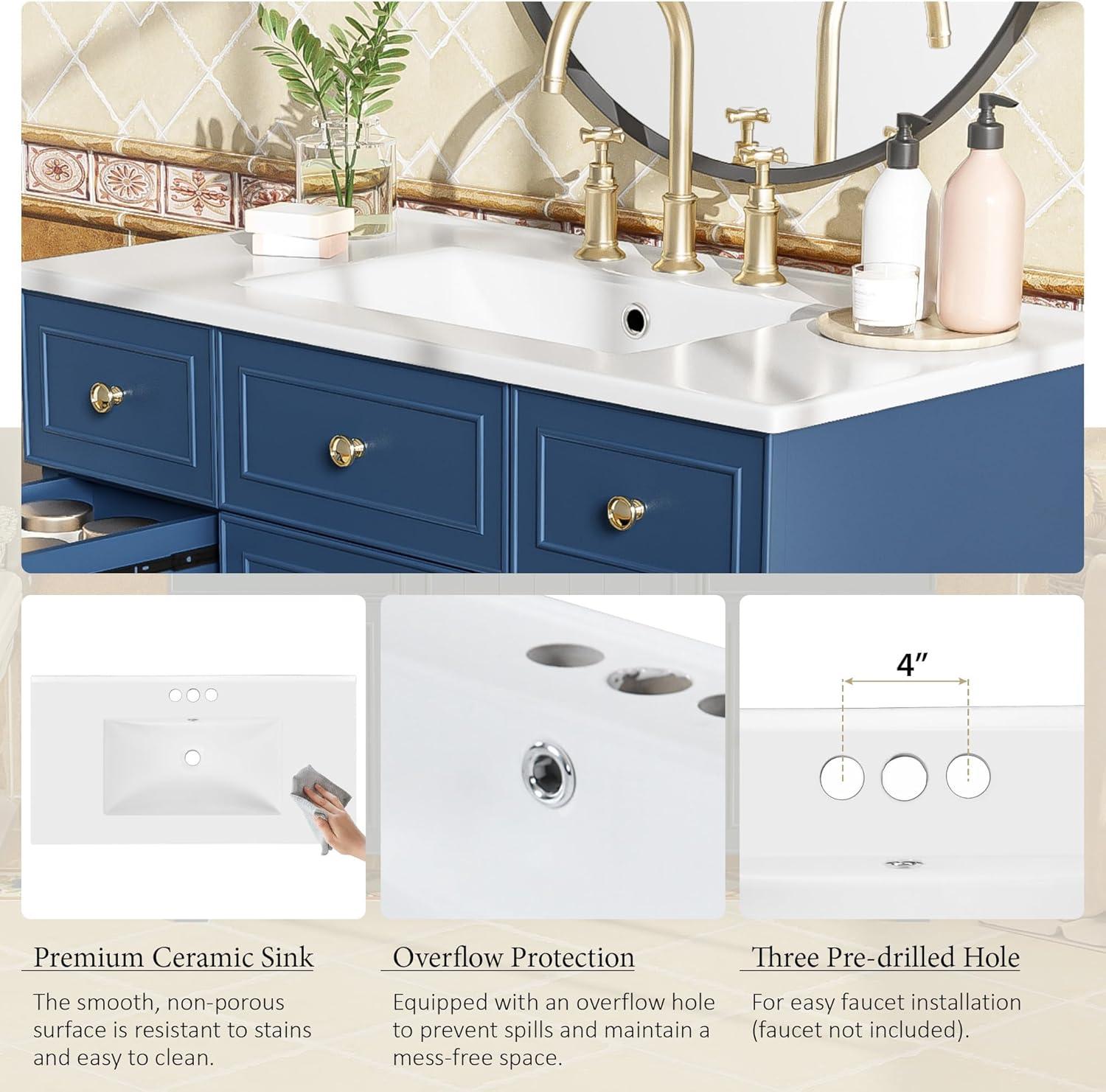 Miekor Furniture 36" Bathroom Vanity Cabinet with Sink Top Combo Set, Navy Blue, Single Sink, Shaker Cabinet with Soft Closing Door and Drawer W5UE-1