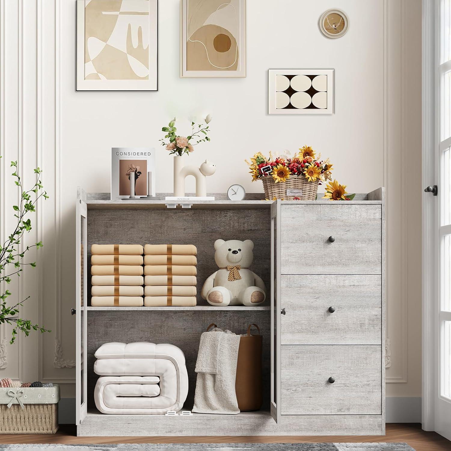 WALYWIK Sideboard Buffet Cabinet with Storage, 43" Coffee Bar Cabinet with Glass Doors and 3 Drawers, Storage Cabinet with Adjustable Shelves for Kitchen, Dining Room, Grey