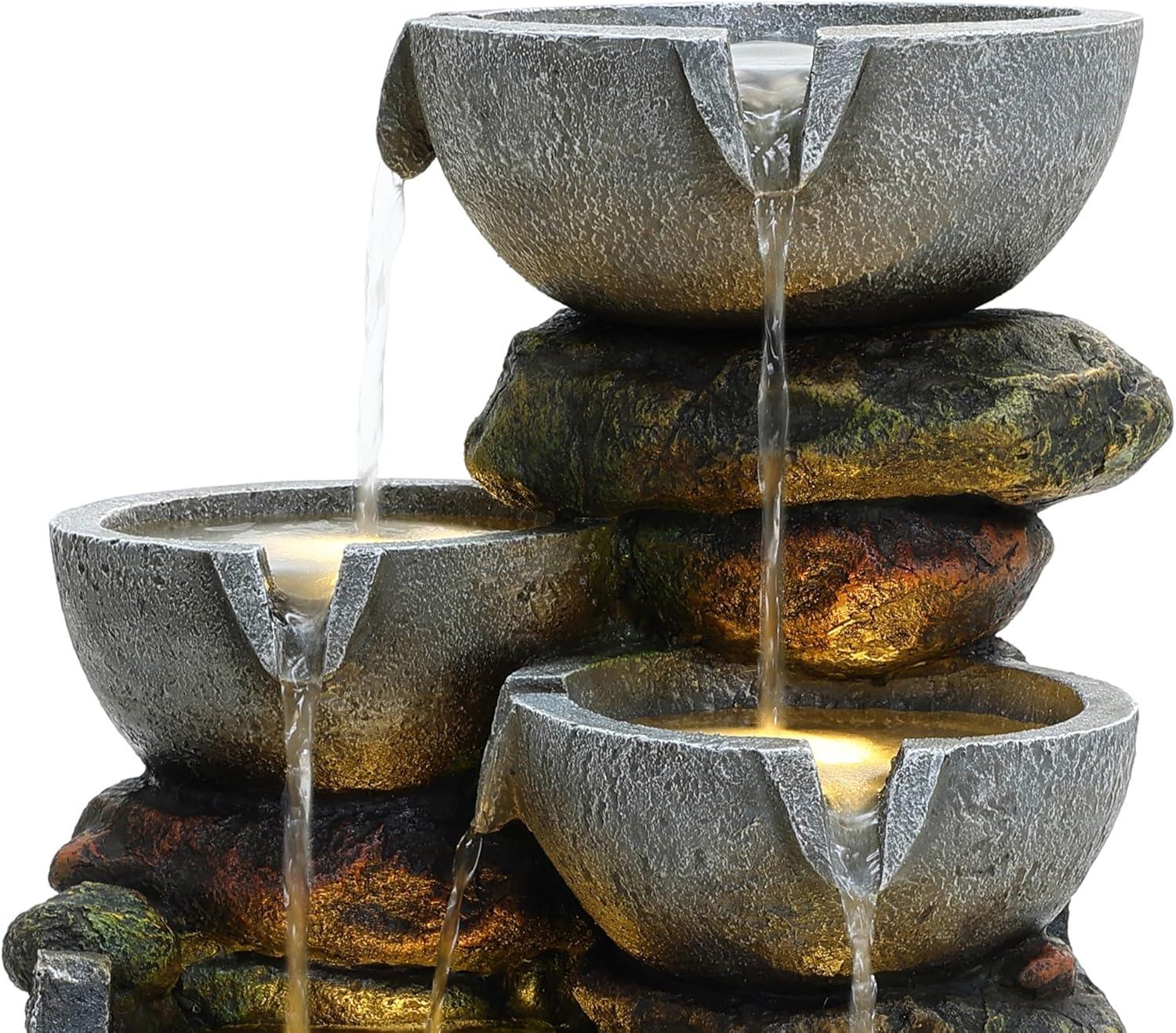 LuxenHome 25" Small Water Fountain Outdoor, Cascading Bowl Garden Water Features with LED Lights Gray