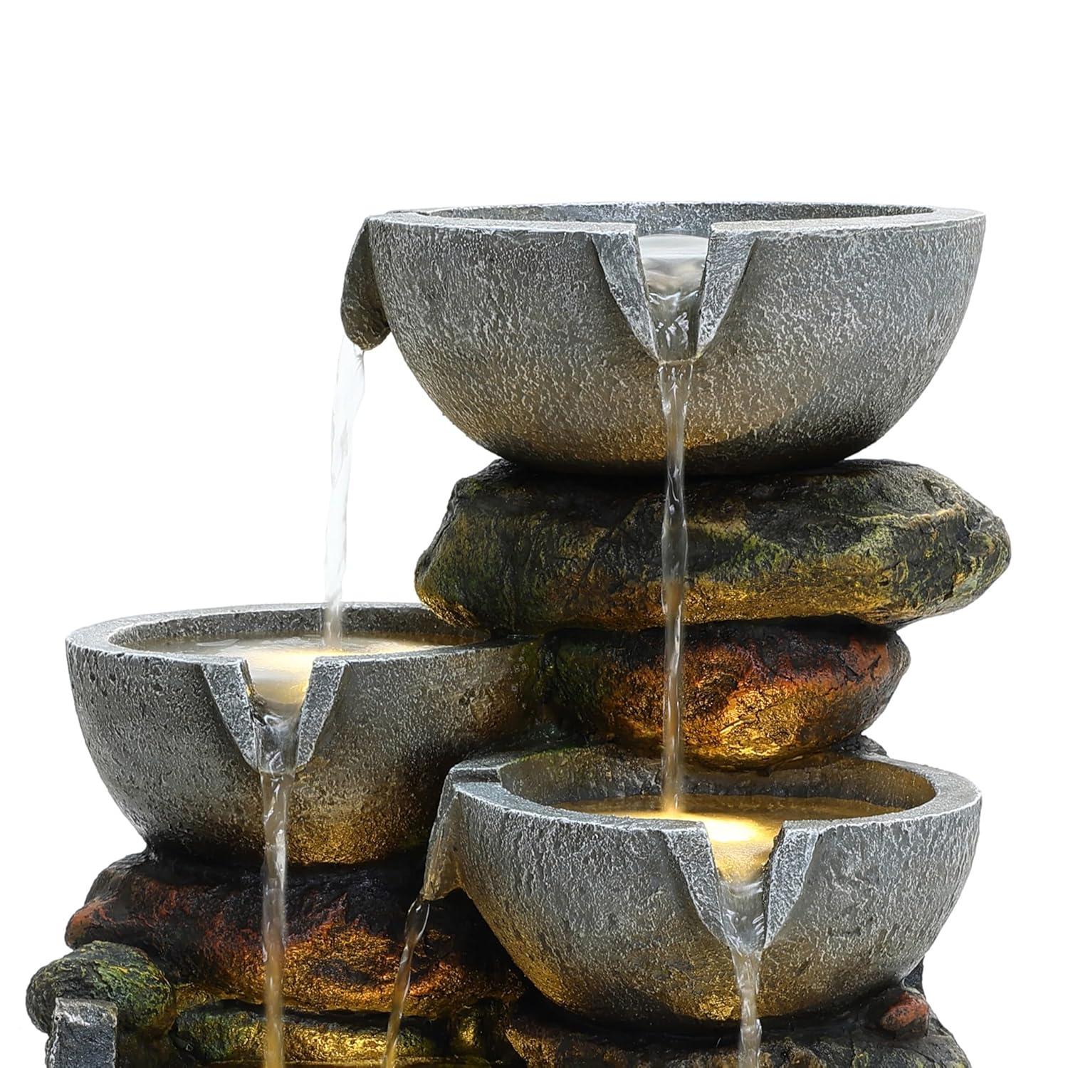 LuxenHome 25" Small Water Fountain Outdoor, Cascading Bowl Garden Water Features with LED Lights Gray