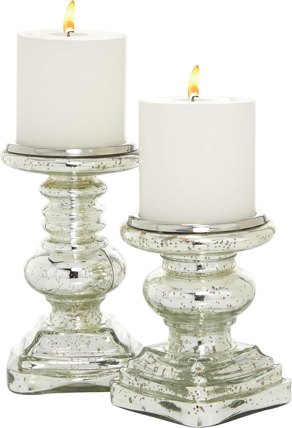 Elegant Silver Mercury Glass Pillar Candle Holder Set, 9" & 7"H