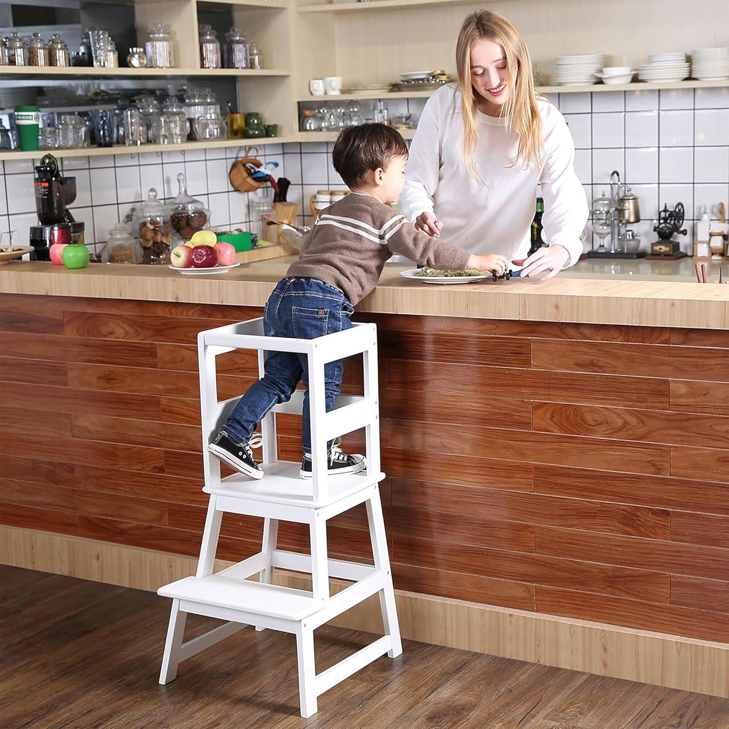 SDADI Kids Kitchen Step Stool Holds up to 150 Pounds with Safety Rail, Wide Platform Design, 4 Anti Slip Strips for 18 to 36 Months Old, White