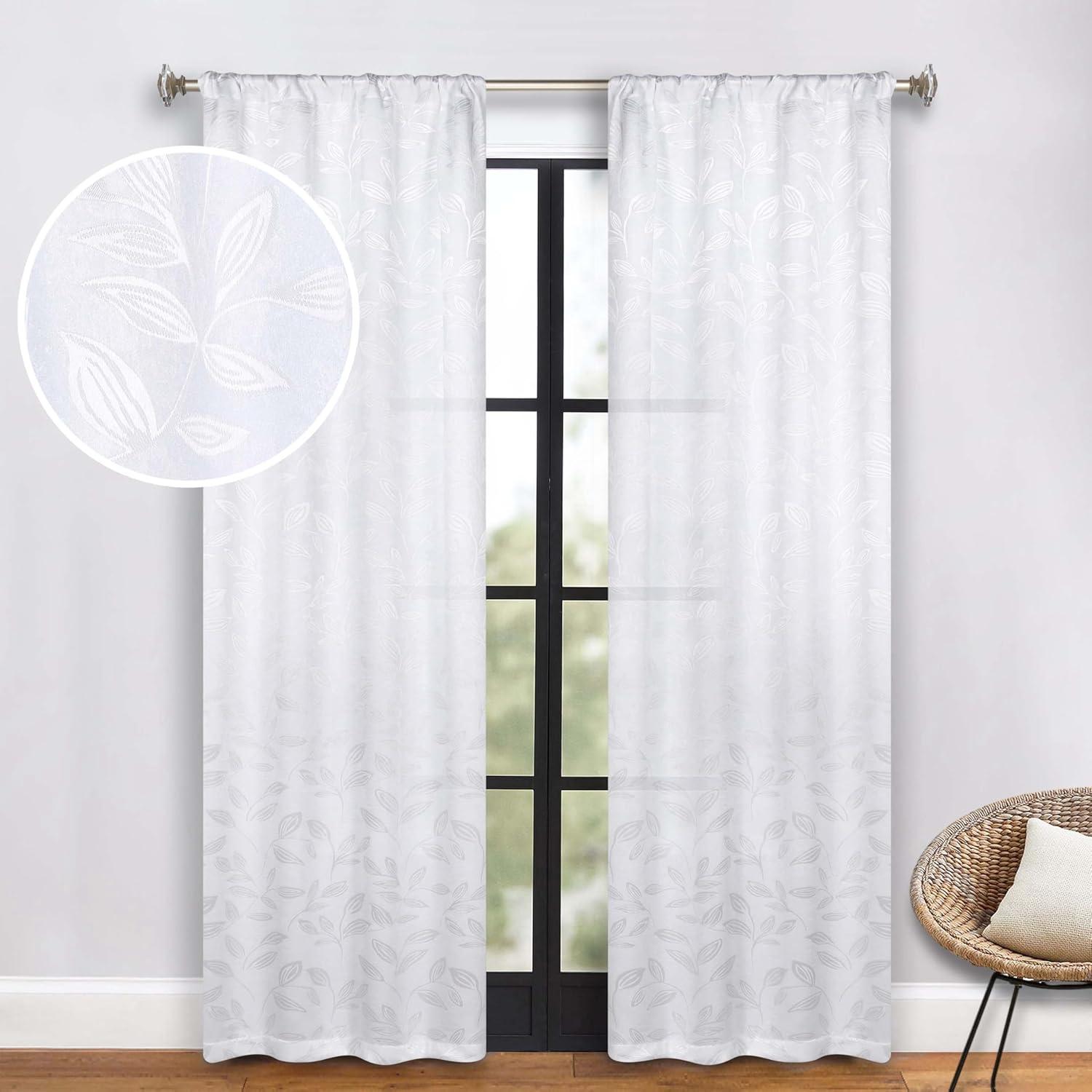 White Polyester Leaves Blackout Curtains, 26" x 84", Set of 2