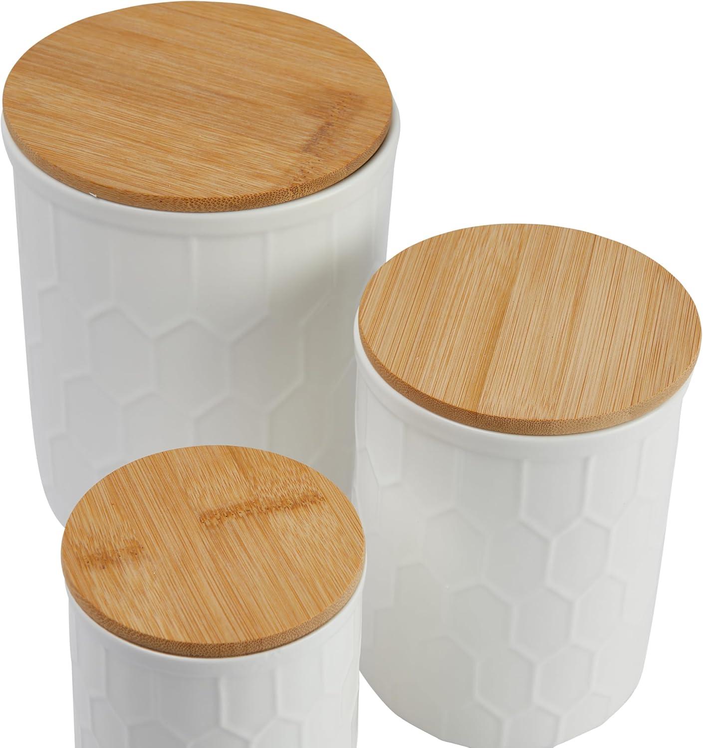 White Honeycomb Ceramic Canister Set with Bamboo Lids