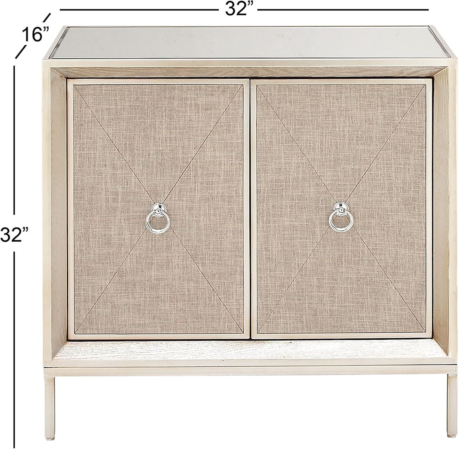 DecMode 32" x 32" Beige Wood Upholstered Front Panel 1 Shelf and 2 Doors Cabinet with Mirrored Top and Ring Handles, 1-Piece