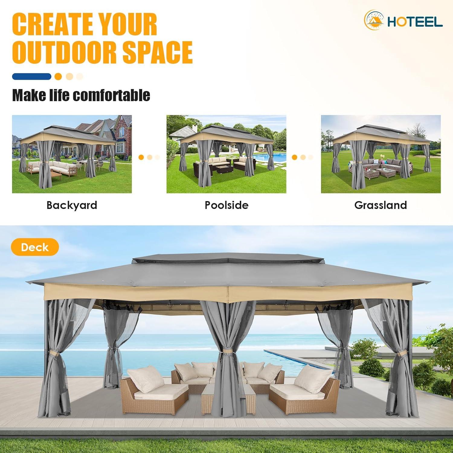 COBIZI 12X20 Heavy Duty Gazebo Outdoor Gazebo with Mosquito Netting and Curtains, Canopy Tent Deck Gazebo with Double-Arc Roof Ventiation and Metal Steel Frame Suitable for Lawn, Backyard, Patio,Gray